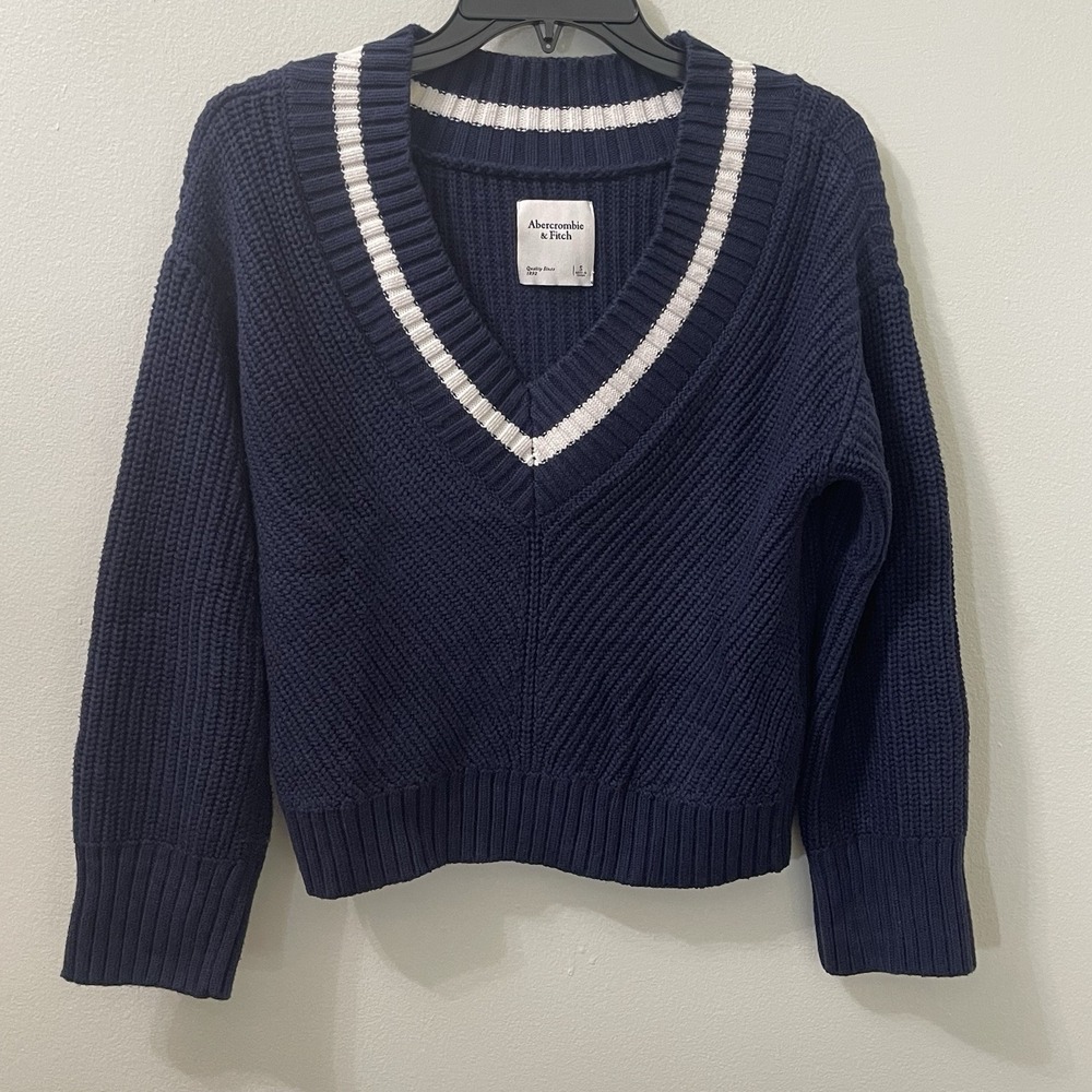 Abercrombie & Fitch Women's S Navy Varsity V Neck Chunky Knit Cropped Sweater